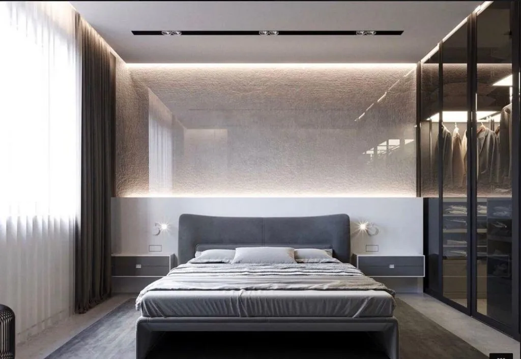 Дизайн спальни в стиле хай-тек с подсветкой
