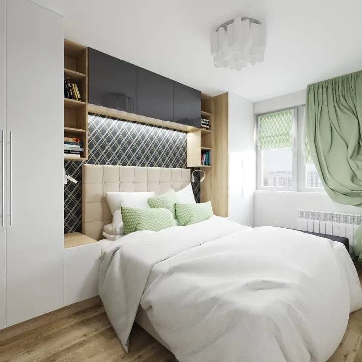 Дизайн маленькой спальни с зелеными элементами
