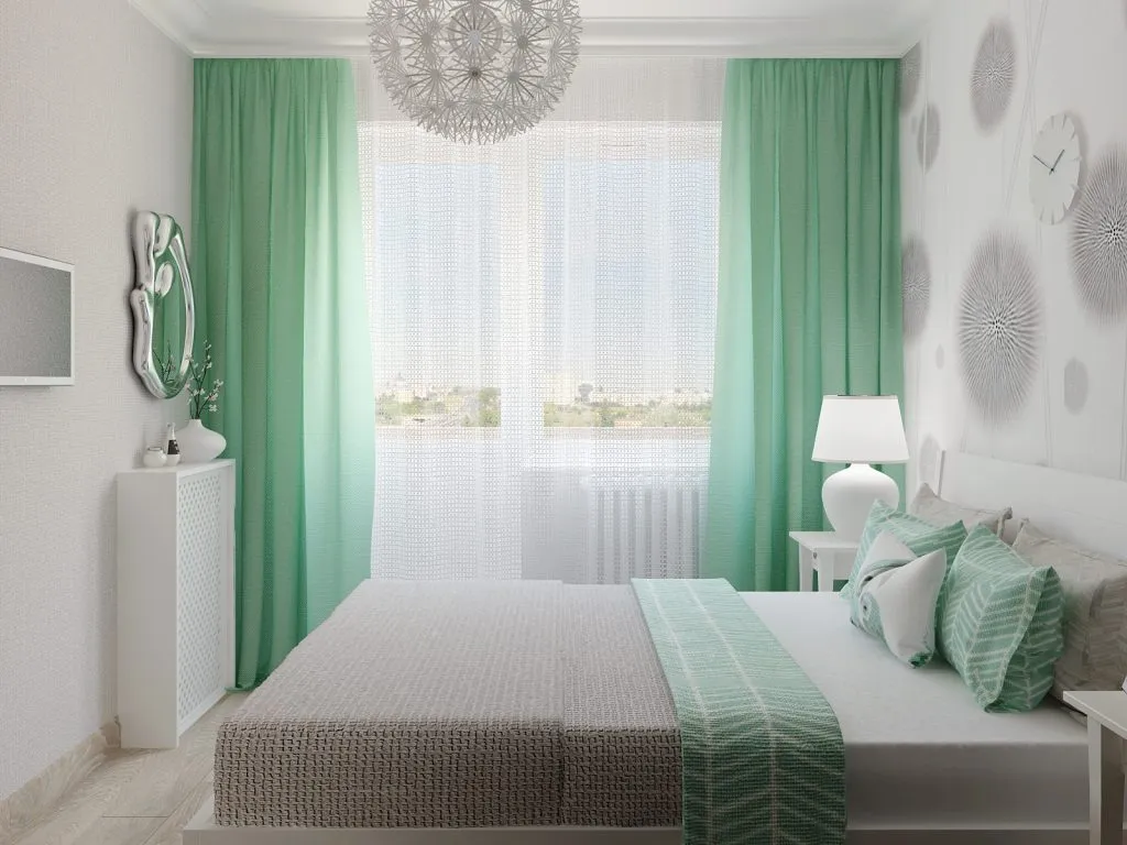 Небольшая спальня с сочетанием салатового и белого цветов