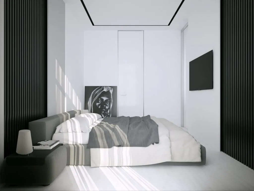 Картины в интерьере спальни в стиле минимализм