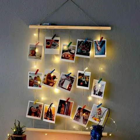 Деревянная вешалка для фотографий ручной работы с подсветкой, зажимы, веревка, коллаж, дисплей, светодиодная подвесная фоторамка