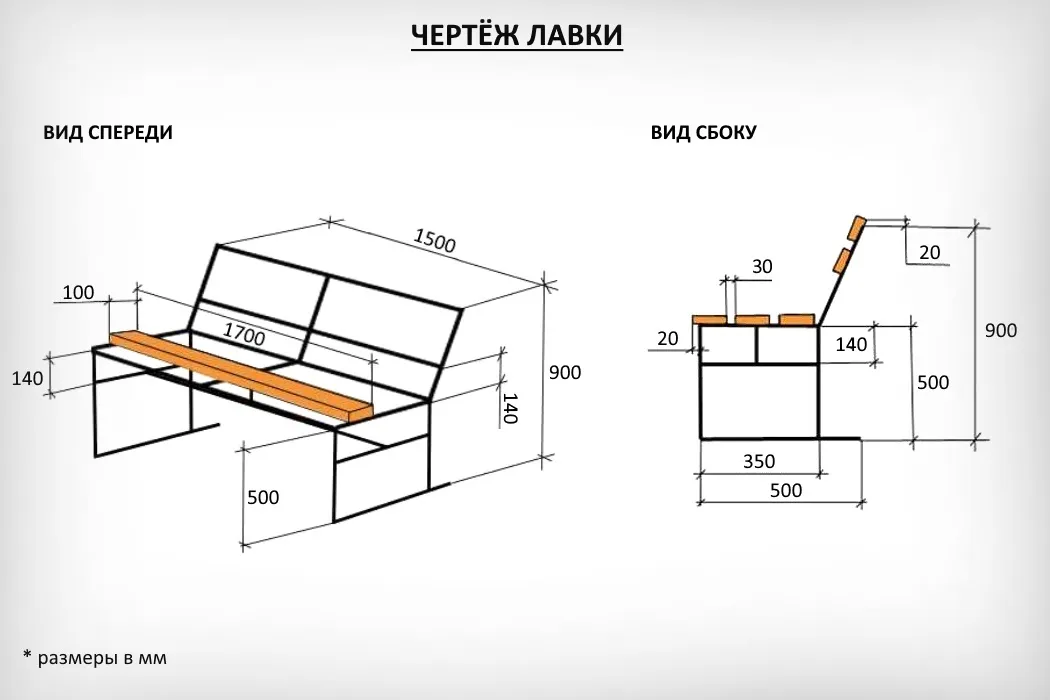 Чертёж деревянной лавки с металлическим каркасом