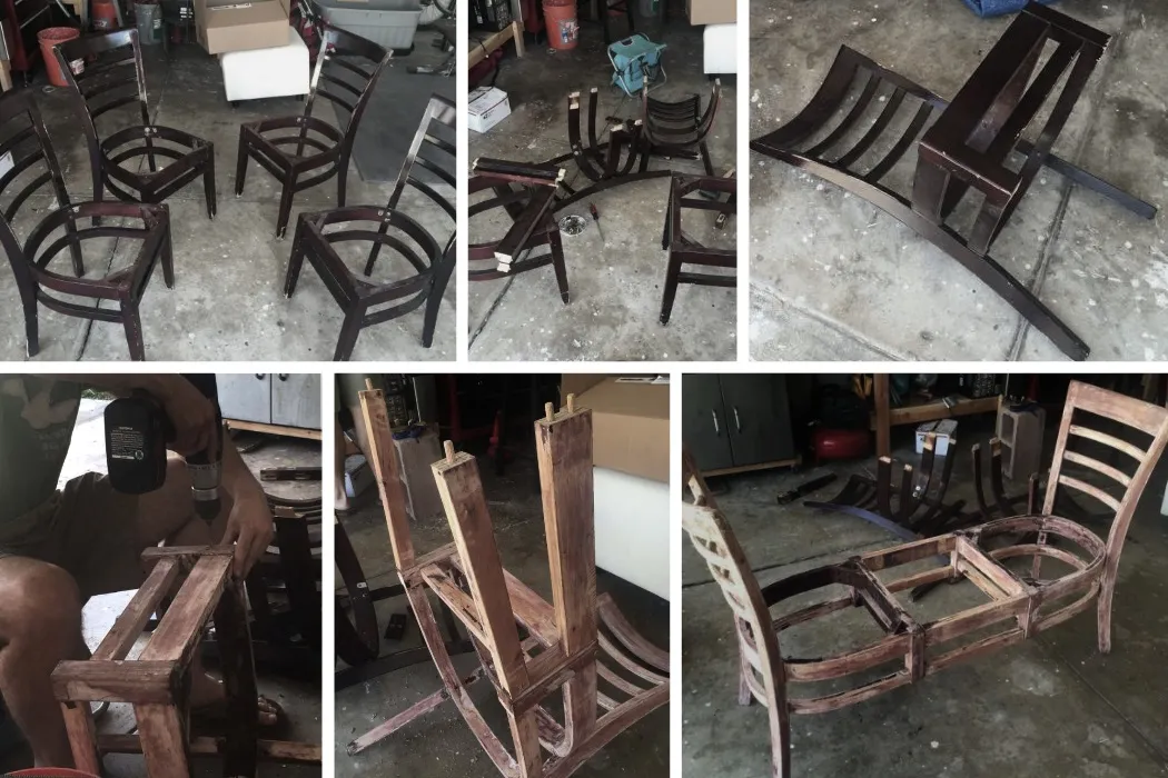 Процесс создания лавки из стульев