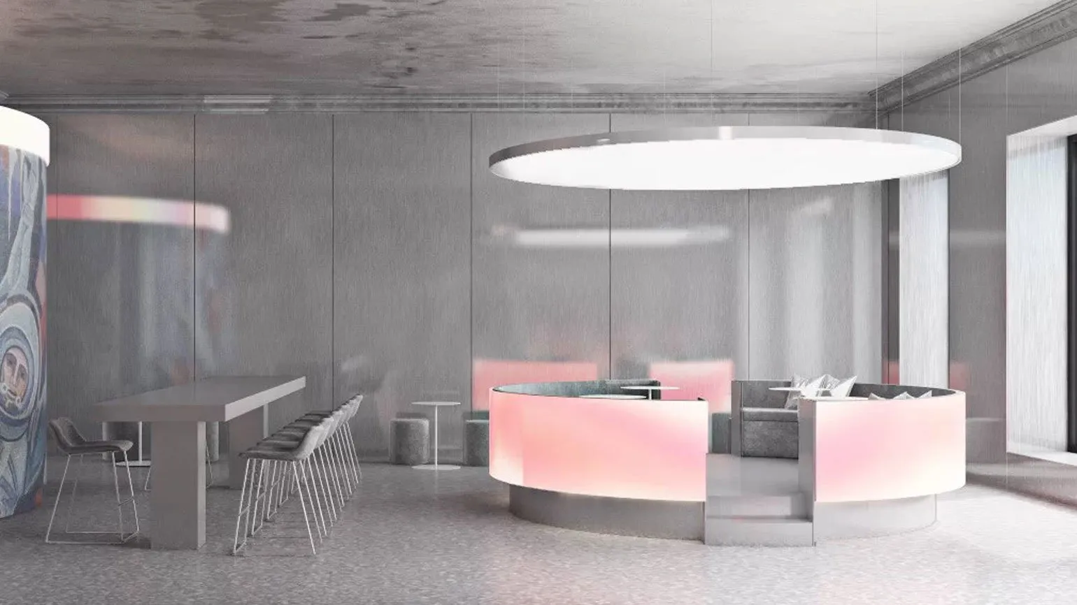 интерьер от Гарри Нуриева с серыми металлическими панелями, серой мебелью, белыми лампами и розовыми полукруглыми световыми панелями 