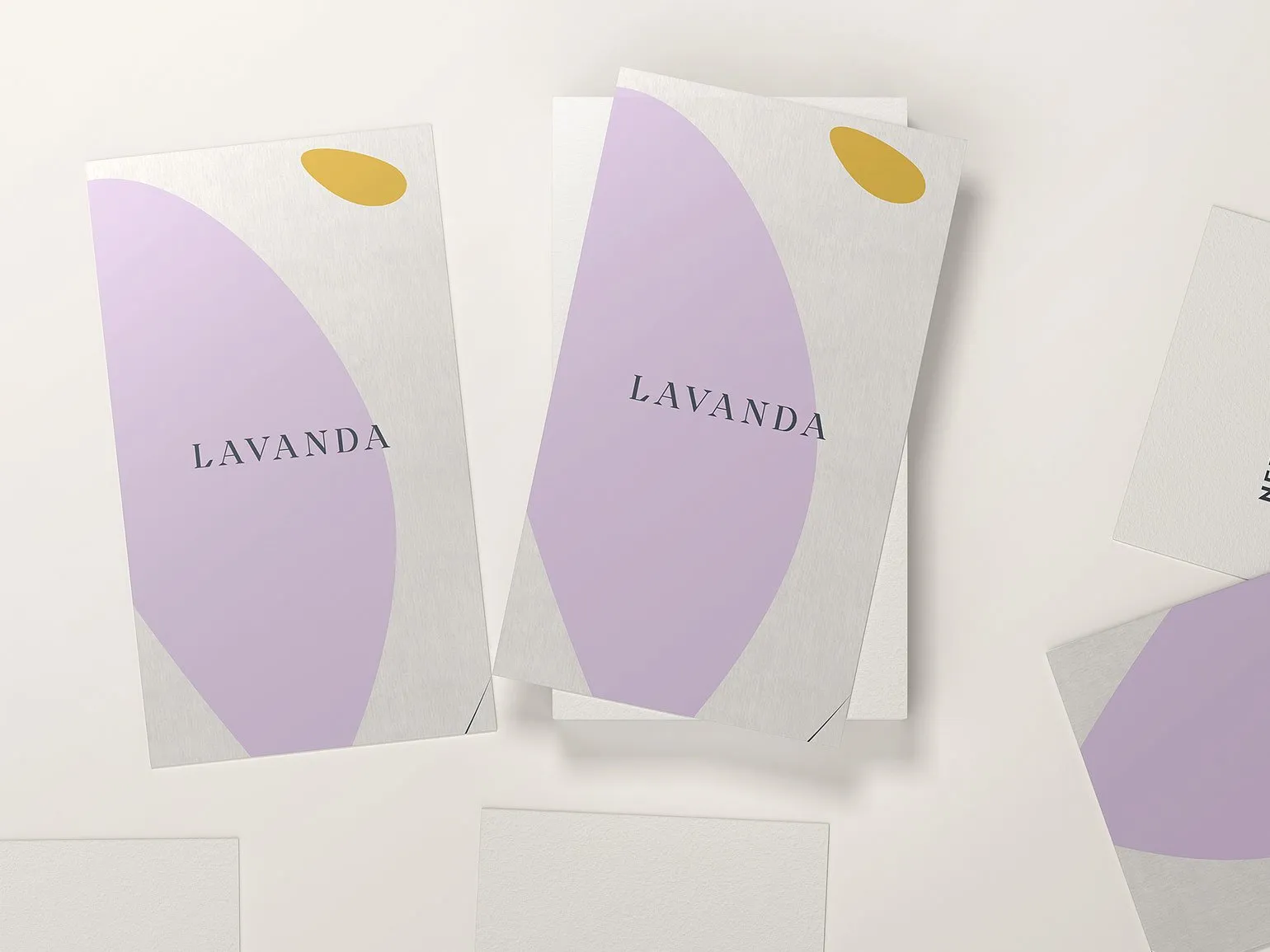 визитки для магазина натуральной косметики «Лаванда» с серым, сиреневым и жёлтым цветами