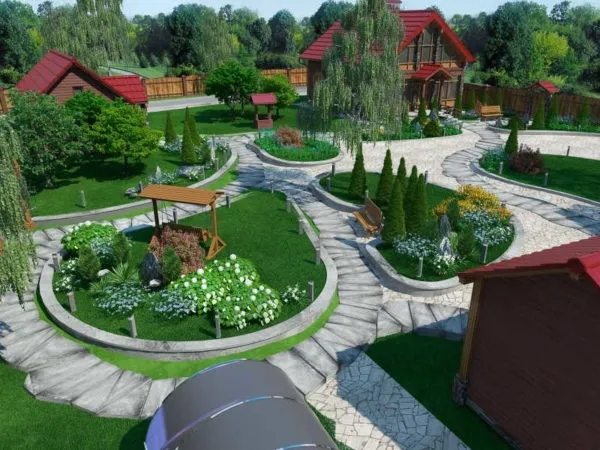 Этот дизайн двора дома сделан в программе: 3D вариант 
